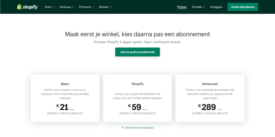 Shopify Webshop Prijzen