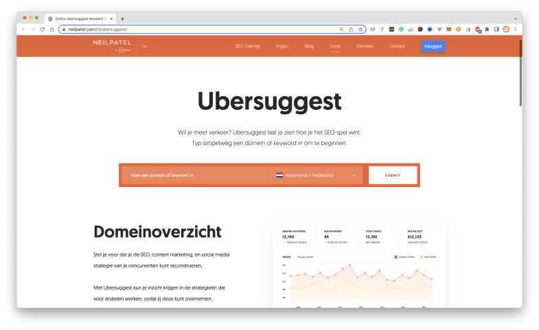 Ubbersuggest Zoekwoorden onderzoek tool